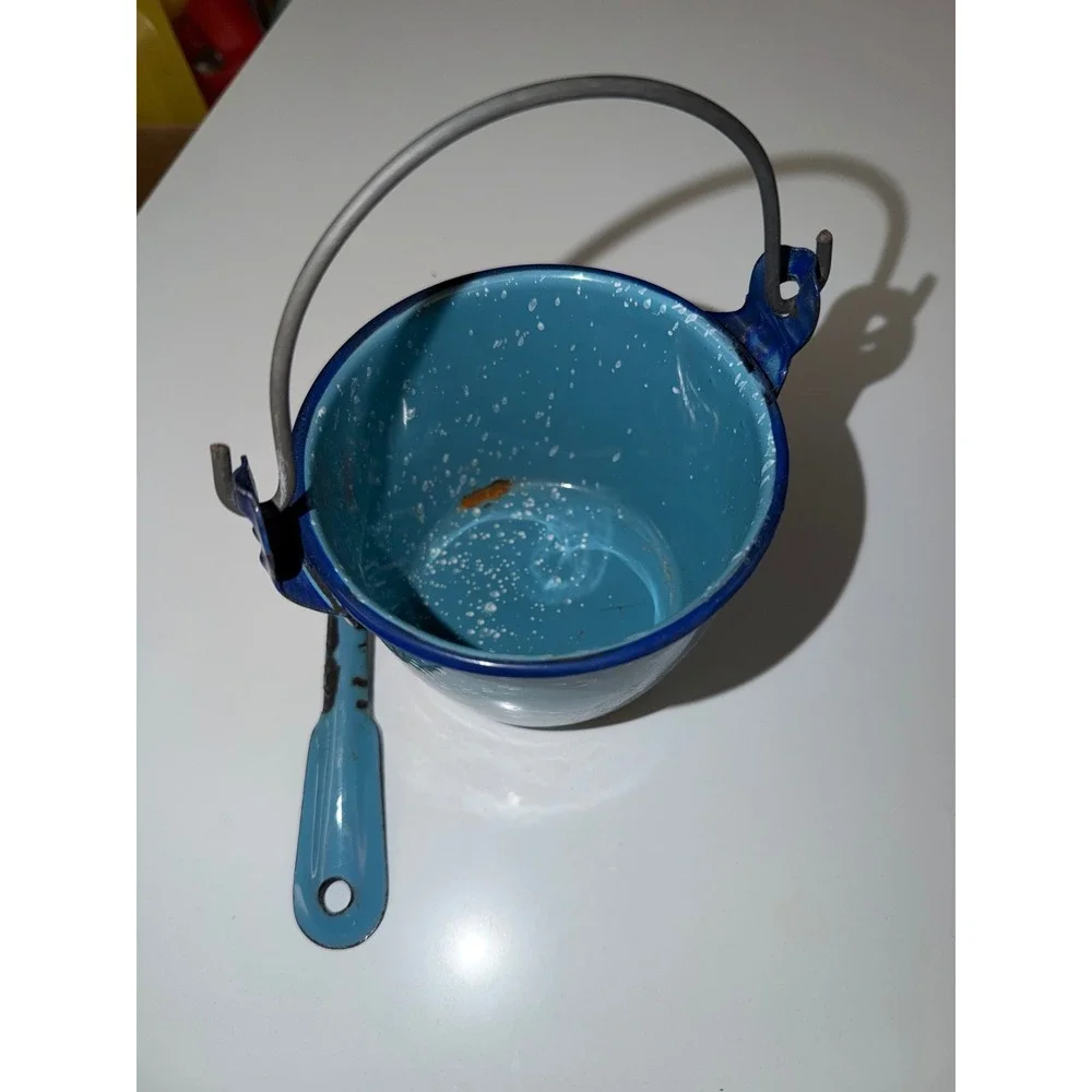 Vintage Blue Speckled Enamelware Small Bucket and Spoon Set Primitive Farmhouse